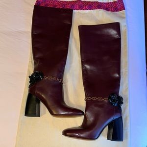 TORY BURCH BLOSSOM TALL BOOTS IN BORDEAUX